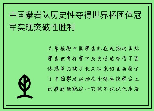 中国攀岩队历史性夺得世界杯团体冠军实现突破性胜利